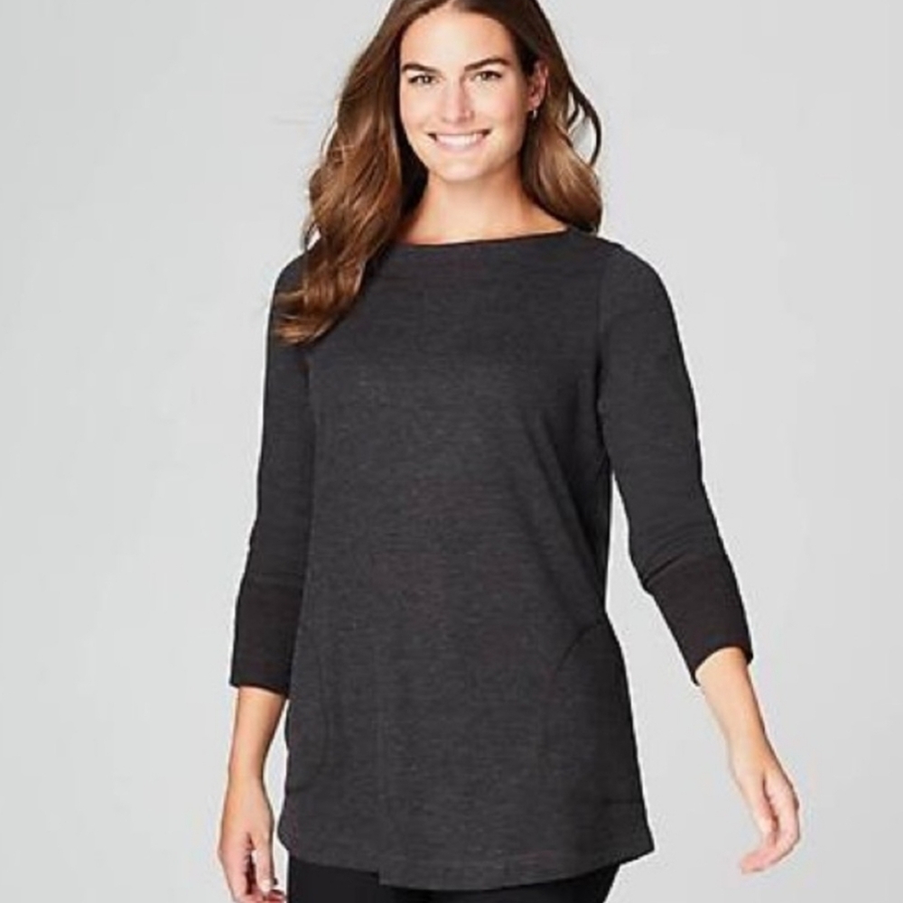 NWT J.Jill Waffle Knit Thermal Tunic Dark Charcoal Boat Neck Button Cuff Size LT